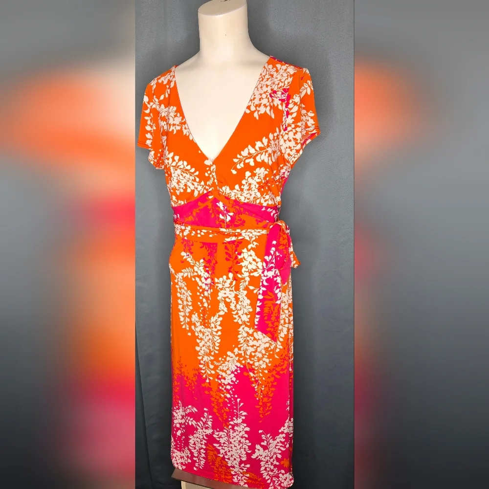 ​BCBGMAXAZRIA Floral Wisteria Faux Wrap Midi‎ Dress Orange Pink Size L Like New